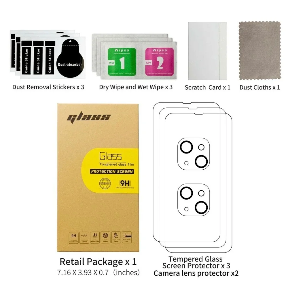 iPhone 13 Pro Max Screen Protector 3 Pack with 2 Camera Lens Protectors 9H Glass